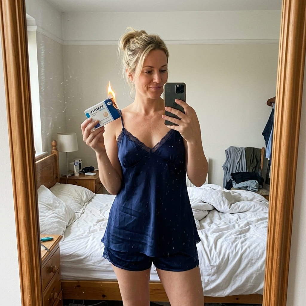 Woman burning a Viagra pill, symbolizing saying goodbye to old quick fixes