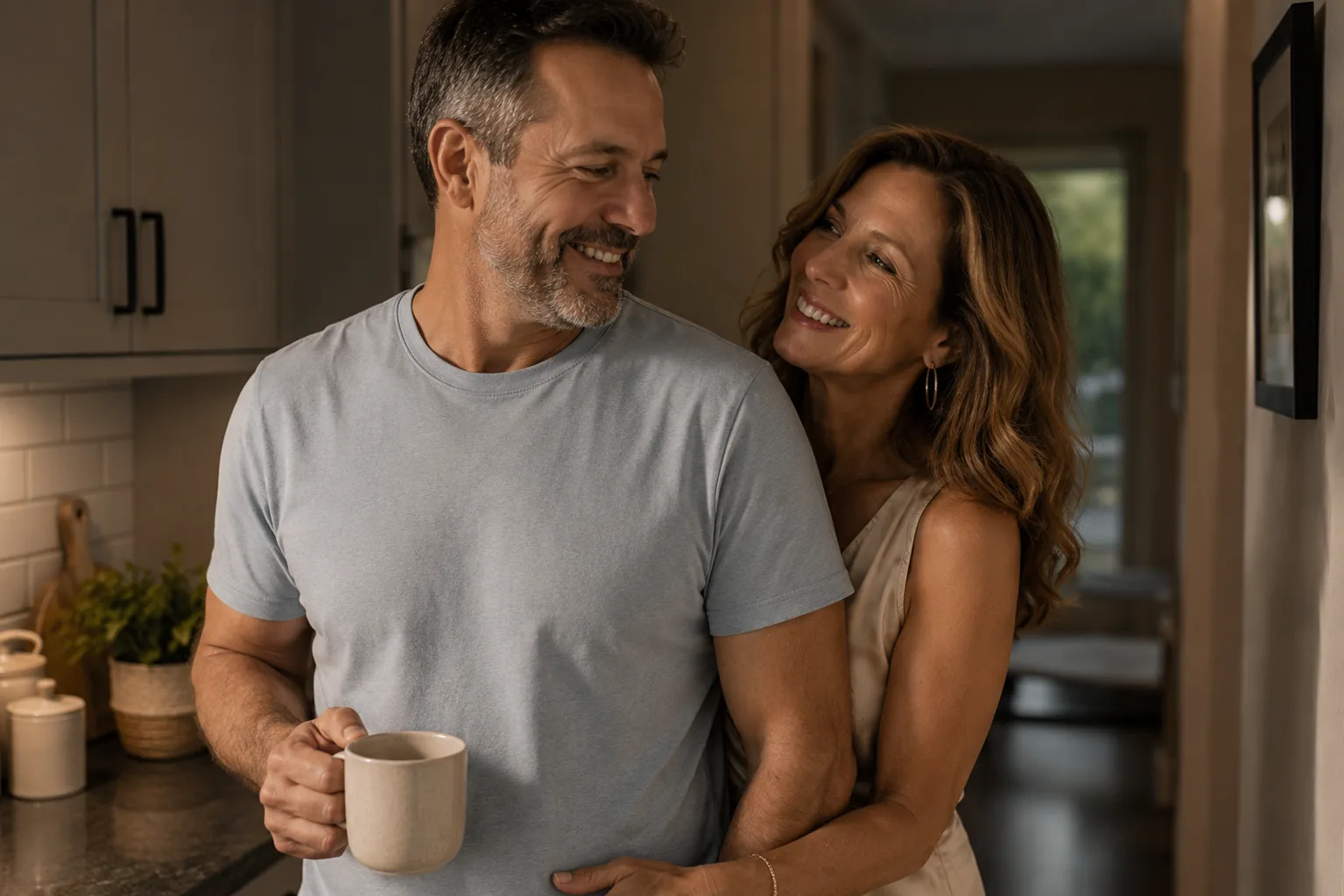 Couple laughing together on a hotel balcony at sunset