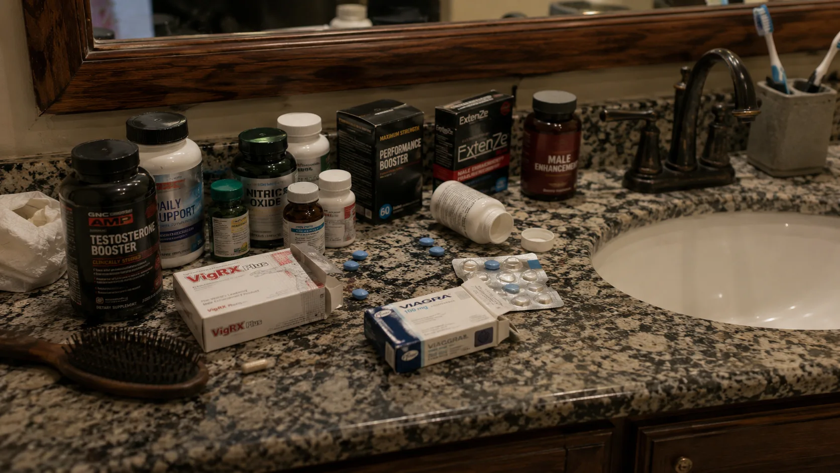 Pill bottles that didn't work, lined up on the counter